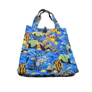 Handmade Cotton Blue Sea Fish Print Shopping Tote Shoulder Bag Artsy